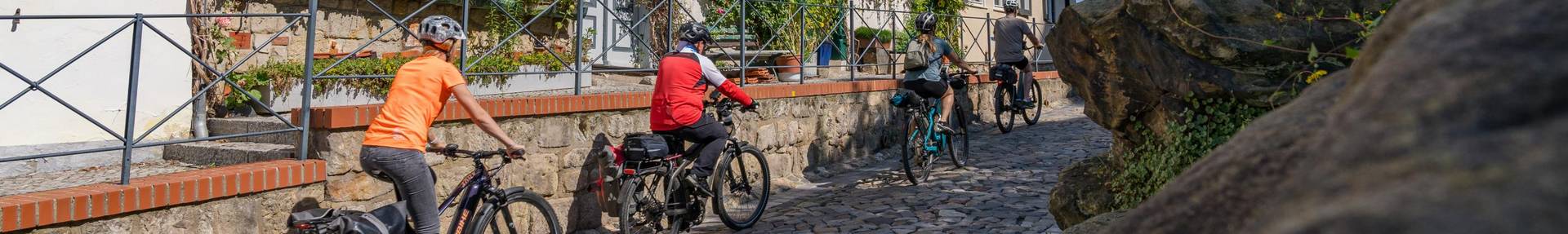 Menschen, die mit dem Fahrrad über einen Kopfsteinpflasteweg fahren. Im Hintergrund sind Fachwerkhäuser.